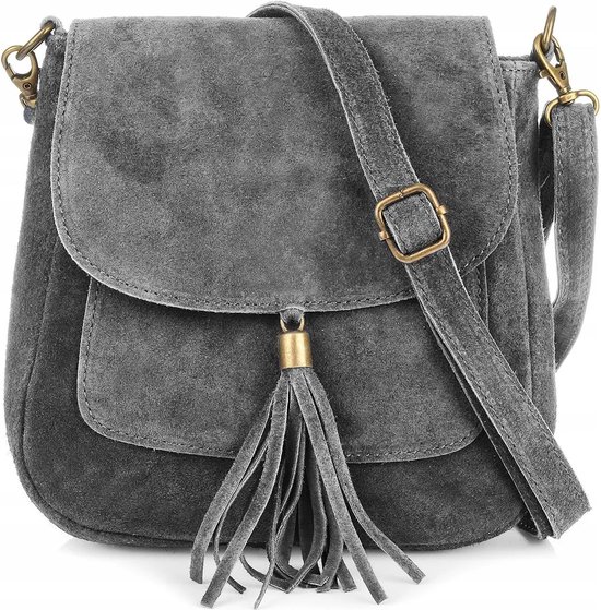 Donkergrijze Suède Schoudertas Tassle - Suède Boho Schoudertassen met Kwastje - Italiaans Suède - Verstelbaar Hengsel - Donkergrijs