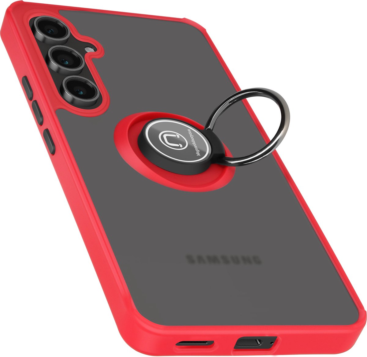 Avizar Hoesje Geschikt voor Samsung Galaxy S24 FE Metalen Ring Videohouder, Rood