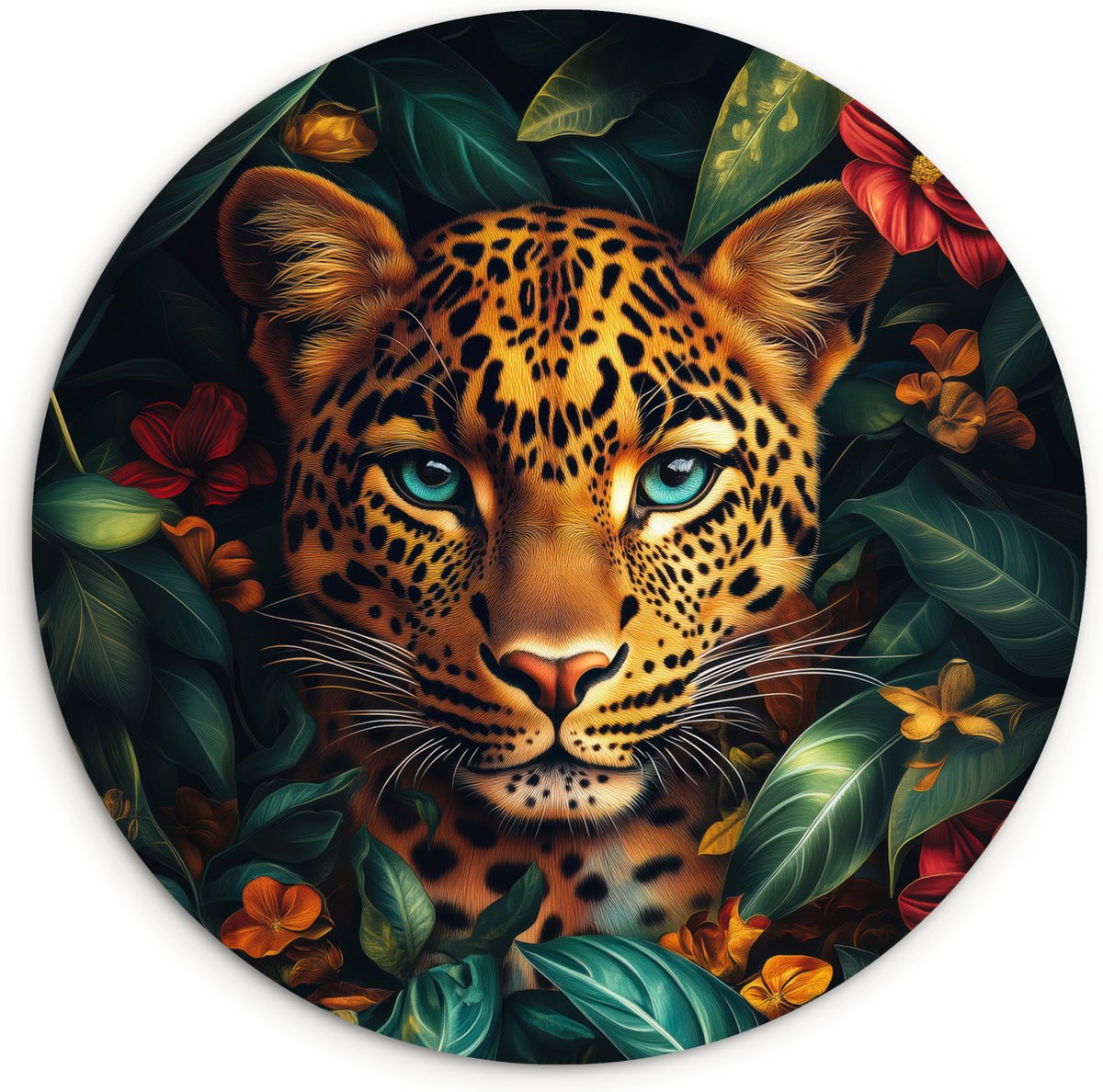 WallCircle Wandcirkel 60x60 cm - Muurcirkel Luipaard - Natuur - Bloemen - Bladeren - Jungle - Muurdecoratie woonkamer - Wanddecoratie slaapkamer - Kamer decoratie accessoires - Ronde schilderijen