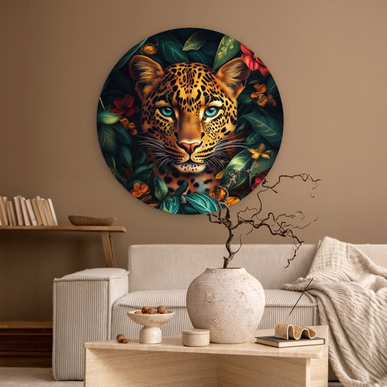 WallCircle - Wandcirkel 90x90 - Luipaard - Natuur - Bloemen - Bladeren - Jungle - Ronde schilderijen woonkamer - Wandbord rond - Muurdecoratie cirkel - Kamer decoratie binnen - Wanddecoratie muurcirkel - Woonaccessoires