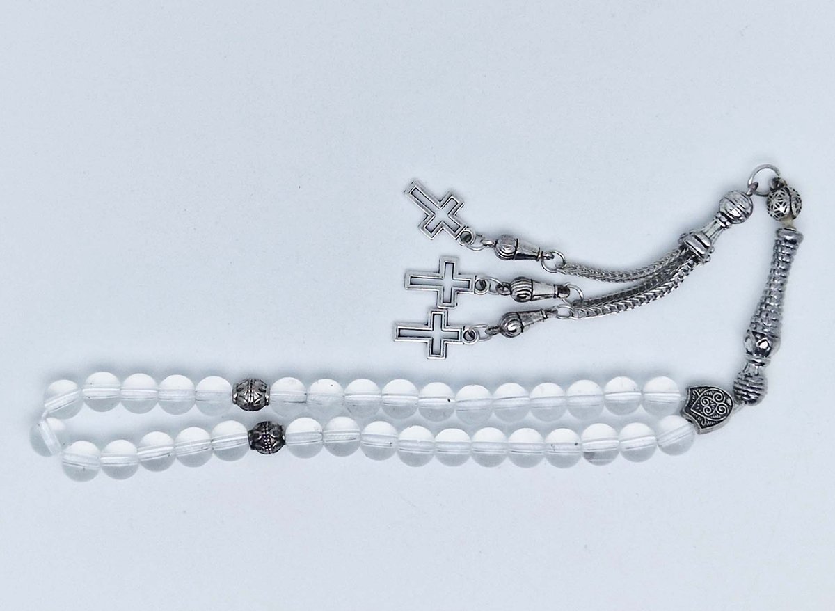 Handgemaakte tesbih klassiek - "Tasbih" natuursteen "Bergkristal" - Aantal kralen 33 - Diameter kralen 8 MM - met metaal tassel "Kruis" - Een mooi cadeau-idee