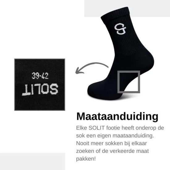Zwarte sok met wit logo 'G'. Naast de sok een label met maatindicatie '39-42' en tekst 'SOLIT'.