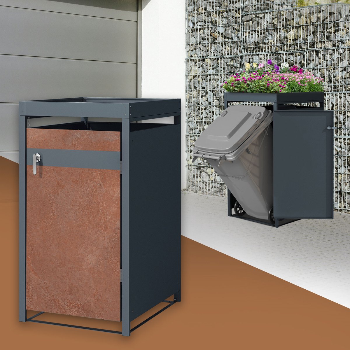 Kliko ombouw, Container ombouw met plantendak 1er tot 240L 68x80x124 cm gemaakt van staal in roest-look ML design