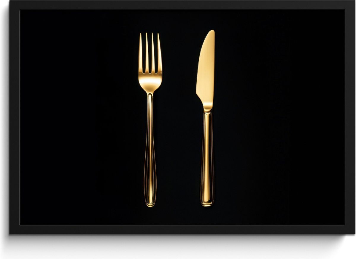 FrameYourWall Fotolijst inclusief poster - Posterlijst 60x40 cm - Posters - Bestek - Goud - Mes - Vork - Foto in lijst - Keuken decoratie muur - Wanddecoratie accessoires - Muurdecoratie - Schilderijen
