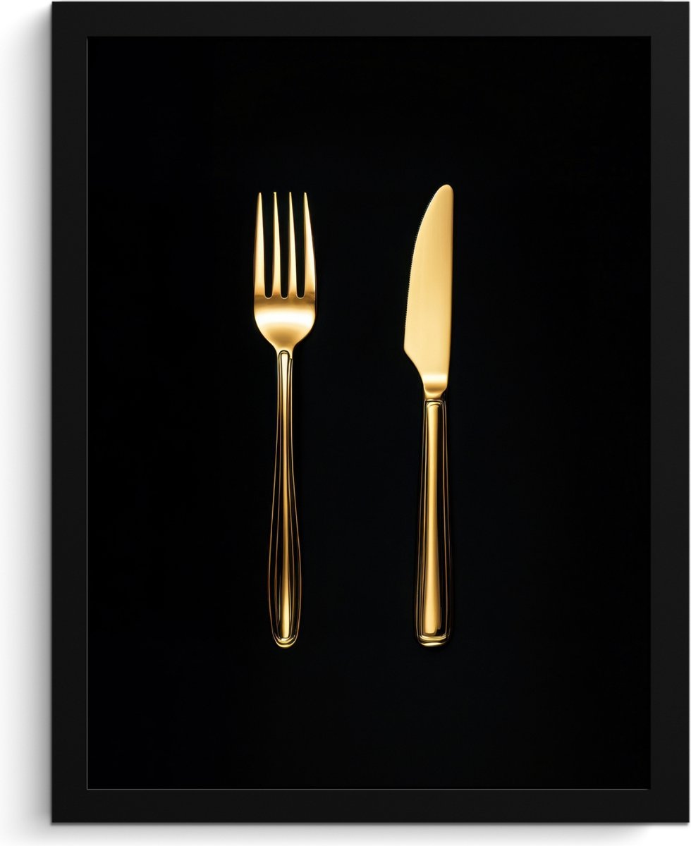 FrameYourWall Fotolijst inclusief poster - Posterlijst 30x40 cm - Posters - Bestek - Goud - Mes - Vork - Foto in lijst - Keuken decoratie muur - Wanddecoratie accessoires - Muurdecoratie - Schilderijen
