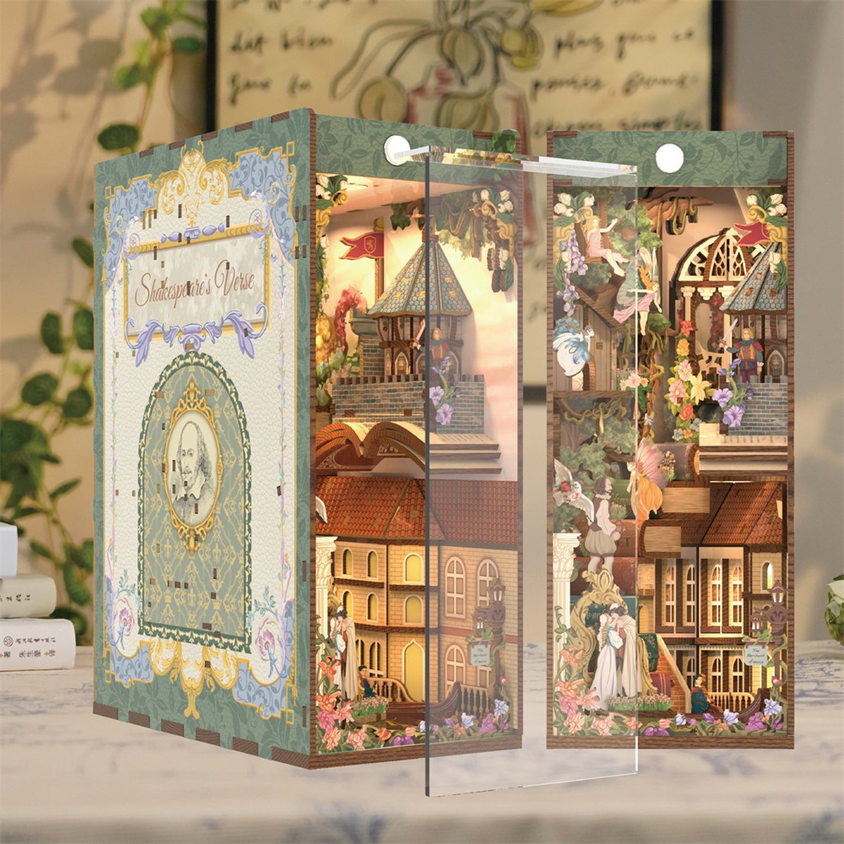 Tonecheer Shakespaer's Verse Book Nook Bouwpakket - Modelbouw - 18 x 9,8 x 24,5 cm - DIY Pakket - Houten 3D Puzzel - Boekensteun - LED-licht - Bewegingssensor Licht - Boekenhouder - Inclusief Dust-Cover — afbeelding 8