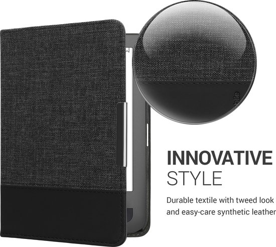 kwmobile hoes geschikt voor Pocketbook Touch Lux 3/Basic Lux/Basic Touch 2 - Canvas beschermhoes in antraciet / zwart - Voor e-reader van Merkloos — afbeelding 4