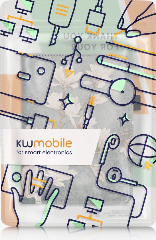 kwmobile e-reader hoesje geschikt voor Amazon Kindle Paperwhite (2024)/Colorsoft hoes - E reader flip case van kunstleer - Ereader cover met stand - Magnolia design in taupe / wit / blauwgrijs van Merkloos — afbeelding 4