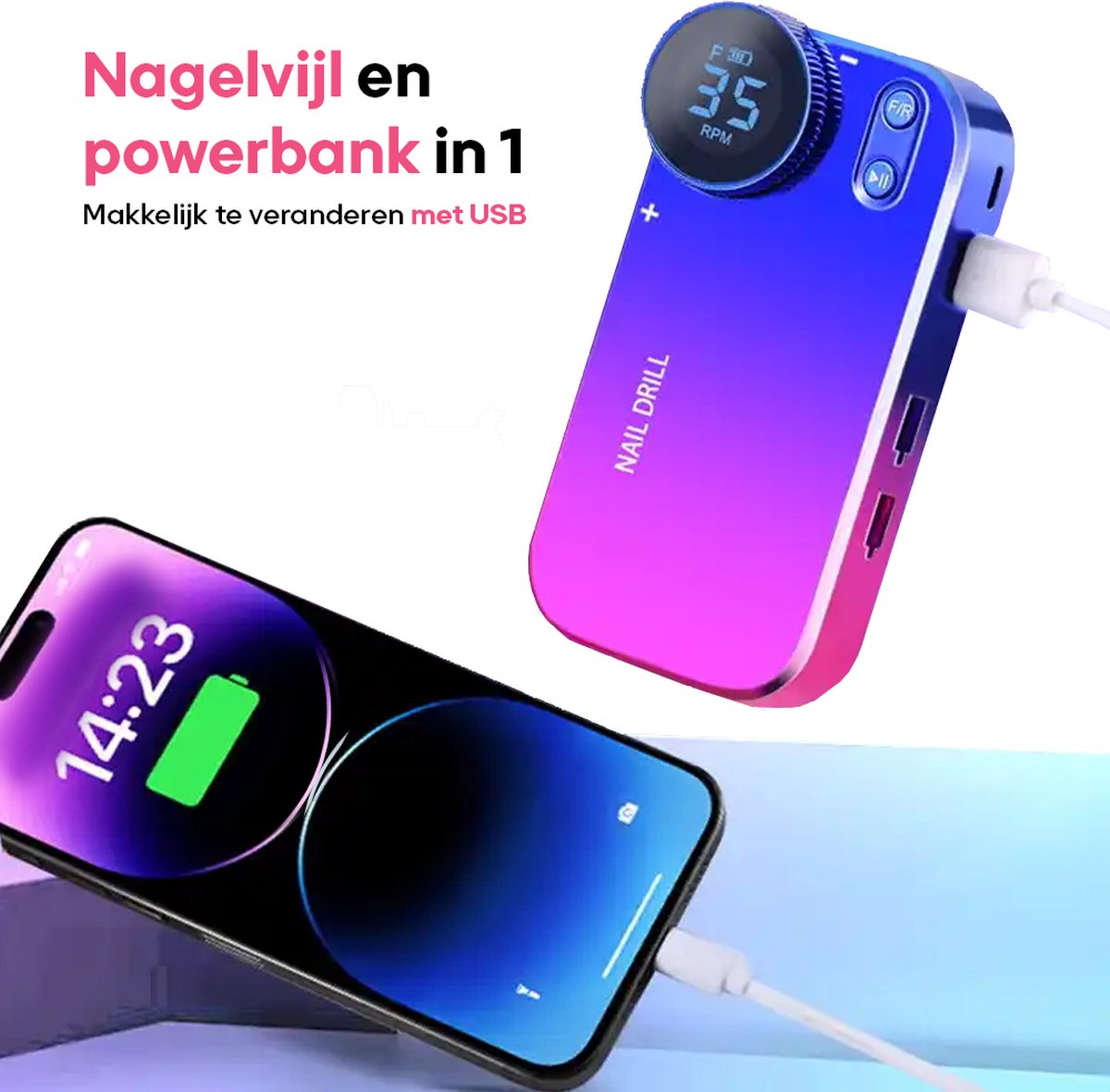 2-in-1 Draadloze Elektrische Nagelvijl & Powerbank – Professionele Manicure Pedicure Set - 35.000 RPM - USB-C & USB Oplader - Gradiëntkleur - Draagbaar & Oplaadbaar – foto 4