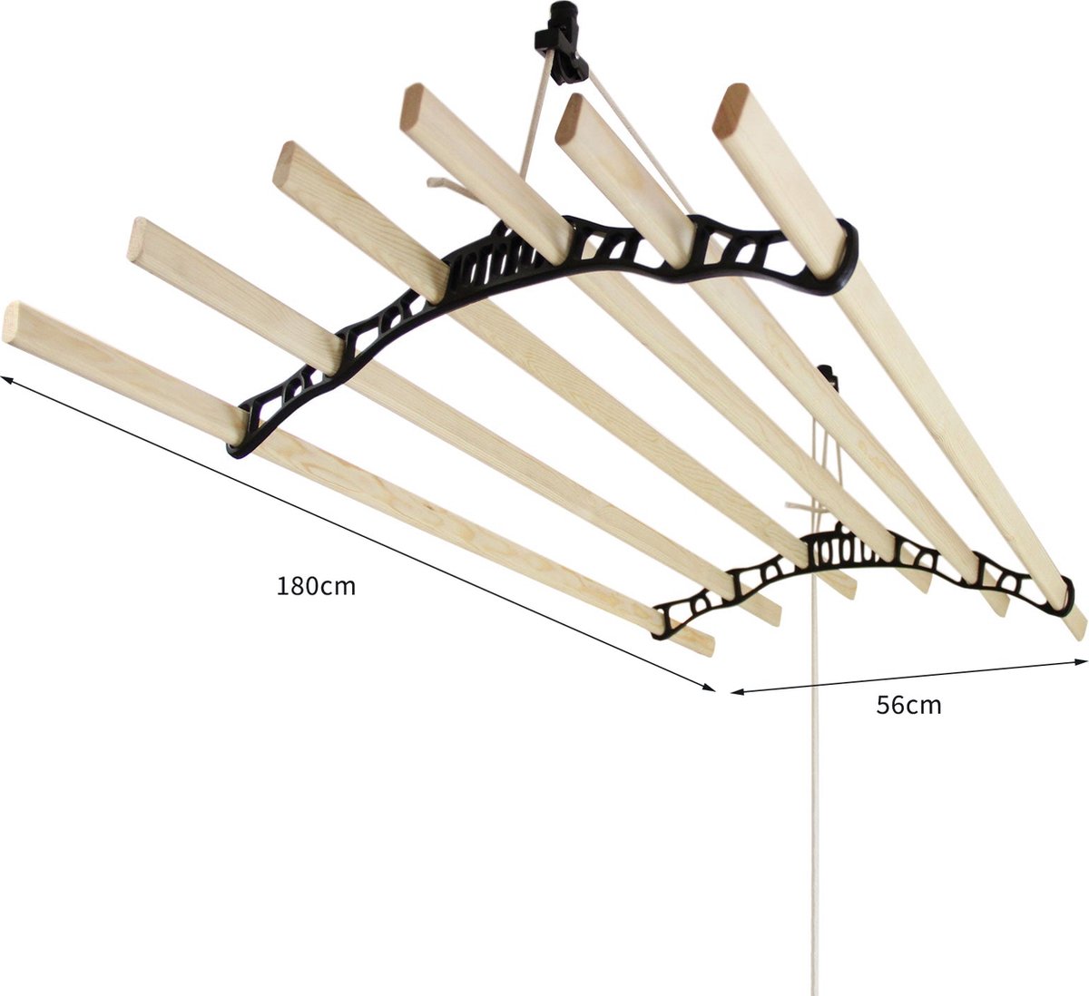 Goedkoopste Droogrek plafond ophangbaar - Zwart - 180cm (L) x 56cm (W) x 14cm (H) - katrol - ruimtebesparend - eenvoudig te bevestigen - 6 duurzame houten latten