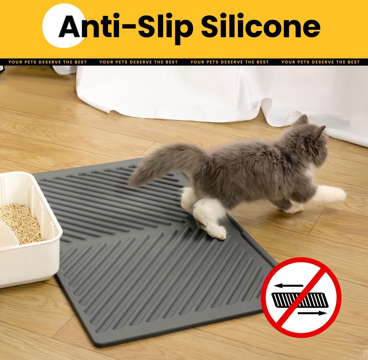 Conlun Siliconen kattenbakmat, waterdicht, gemakkelijk schoon te maken, antislip kattenbakmat (grijs, 60 x 38 cm
