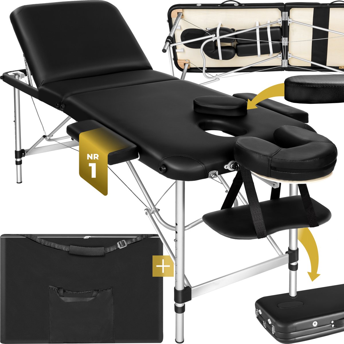 Goedkoopste tectake® Mobiele aluminium massagetafel 3 zones - In hoogte verstelbare behandeltafel - Tatoeagetafel - Incl. opbergtas - Opvouwbaar - Zwart