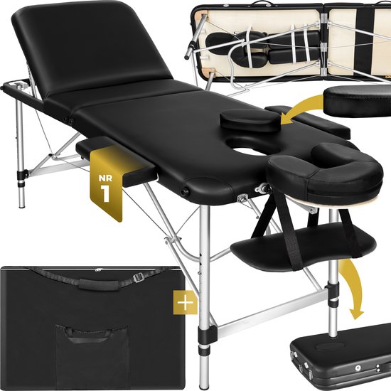 tectake® Mobiele aluminium massagetafel 3 zones - In hoogte verstelbare behandeltafel - Tatoeagetafel - Incl. opbergtas - Opvouwbaar - Zwart