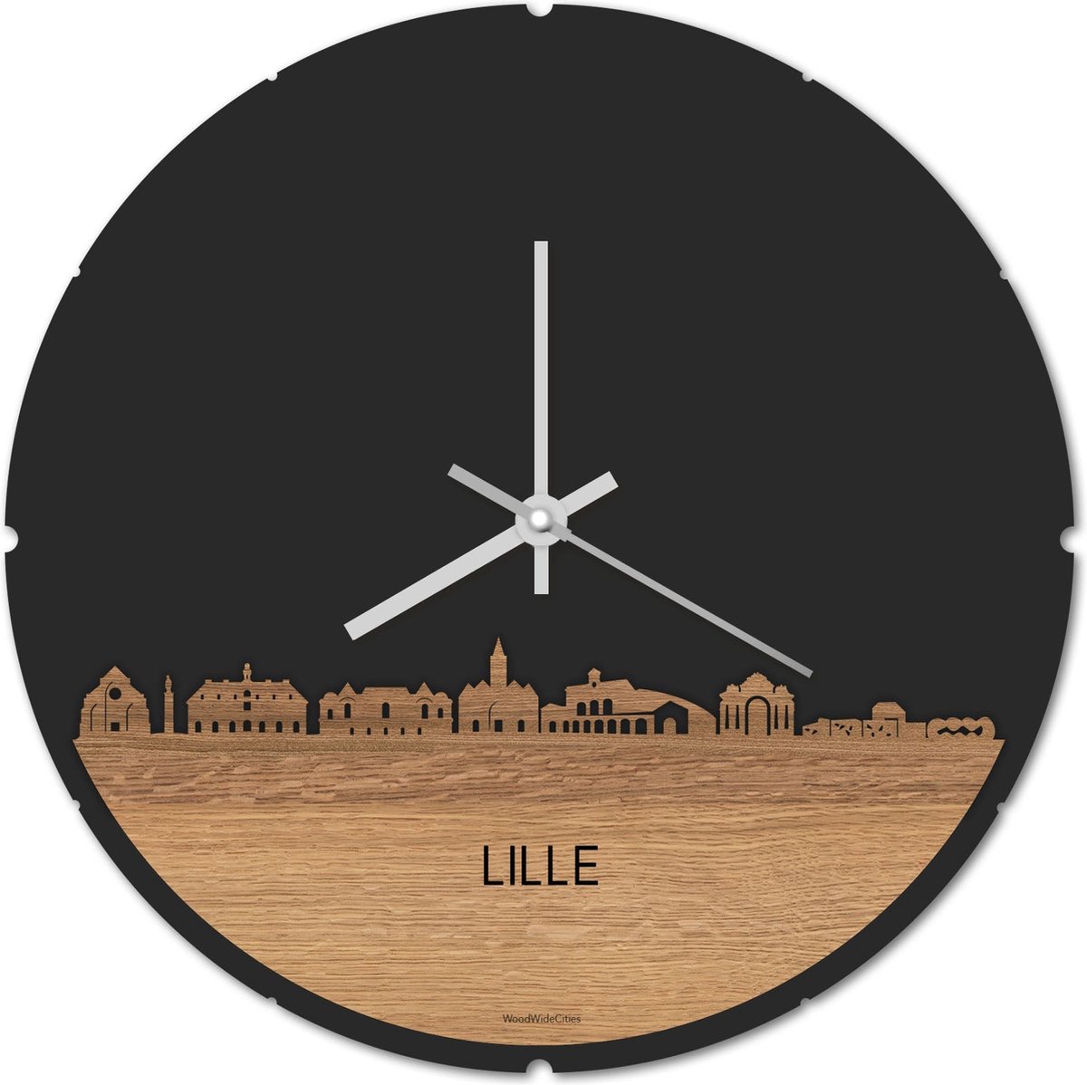Skyline Klok Rond Lille Eikenhout - Ø 44 cm - Stil uurwerk - Wanddecoratie - Meer steden beschikbaar - Woonkamer idee - Woondecoratie - City Art - Steden kunst - Cadeau voor hem - Cadeau voor haar - Jubileum - Trouwerij - Housewarming -