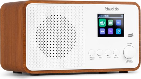 Houten digitale radio met wit front, luidspreker en kleurenscherm met DAB+ en BT iconen.