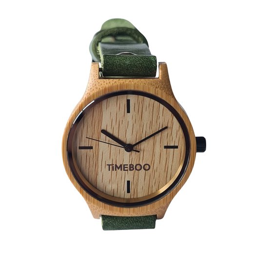 Montre femme en bois de bambou Bracelet en cuir vert torsadé