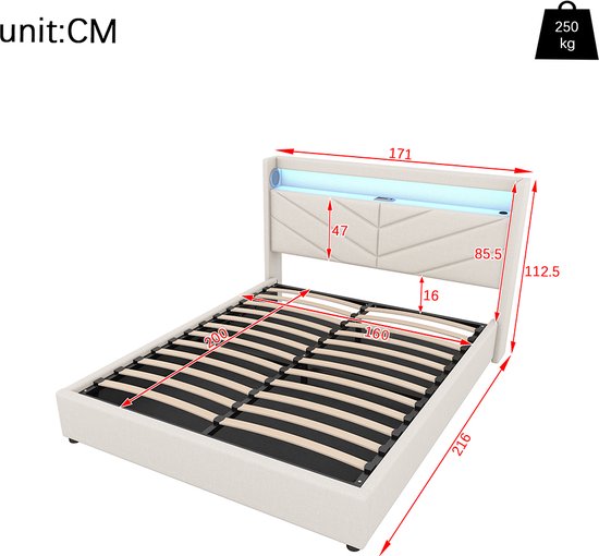 Gestoffeerd tweepersoonsbed 160x200cm, met ledverlichting, USB Type-C Gestoffeerd tweepersoonsbed 160x200cm, met ledverlichting, USB Type-C