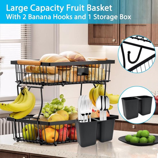 Fruitetagère, 4-traps fruitmand met wieltjes, bananenhouder, papieren