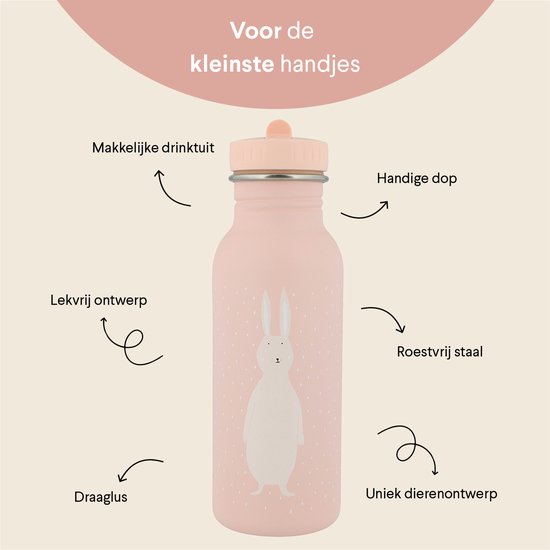 Roze RVS drinkfles met witte konijnenprint, met de tekst 'Voor de kleinste handjes'.