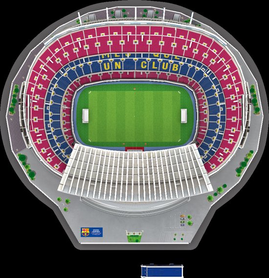 3D puzzel van het Spotify Camp Nou stadion, vogelvluchtperspectief, met veld en tribunes.