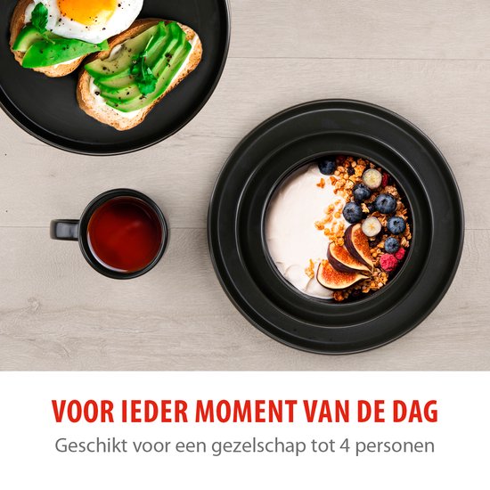 alpina Service de Vaisselle 16 Pièces - Service d'Assiettes 4 Personnes - Services de table en Faïence - Assiettes à petit-déjeuner, Assiettes plates, Bols et tasses - Passe au micro-ondes et au lave-vaisselle - Zwart