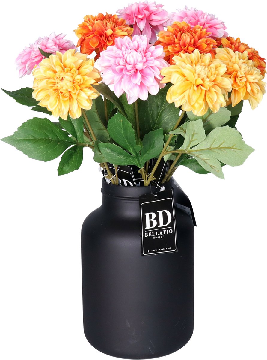 Bellatio Design Kunstbloemen boeket Dahlia's - 12 stelen - 50 cm - kleurenmix - zijdebloemen Okergeel
