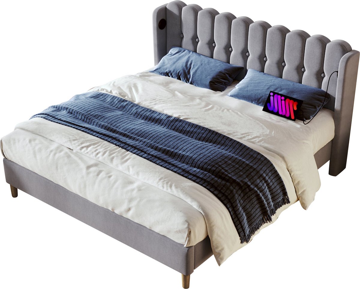 Merax Gestoffeerd Bed 140x200 cm - Tweepersoonsbed met USB Type-C Aansluiting - Grijs Linnen