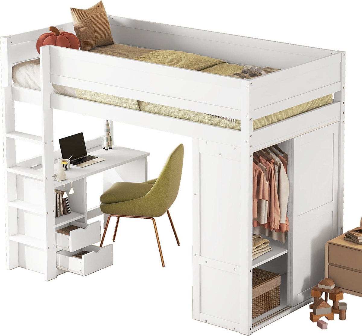 Merax Hoogslaper met Bureau - Kast en Schuifladen - Kinderbed van Hout en MDF - 90x200 cm - Wit