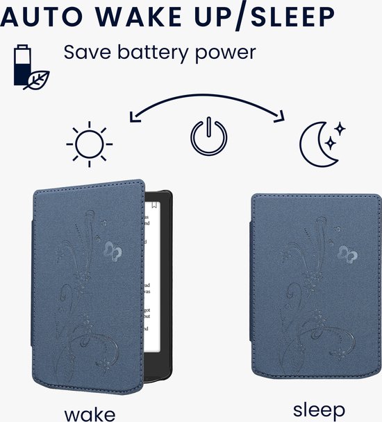 kwmobile e-reader hoesje geschikt voor Pocketbook Verse / Verse Lite / Verse Pro / Color / Vivlio Light/Light HD hoes - E reader flip case met magnetische sluiting - Ereader cover - Stengels en Vlinder design in donkerblauw van kwmobile — afbeelding 4