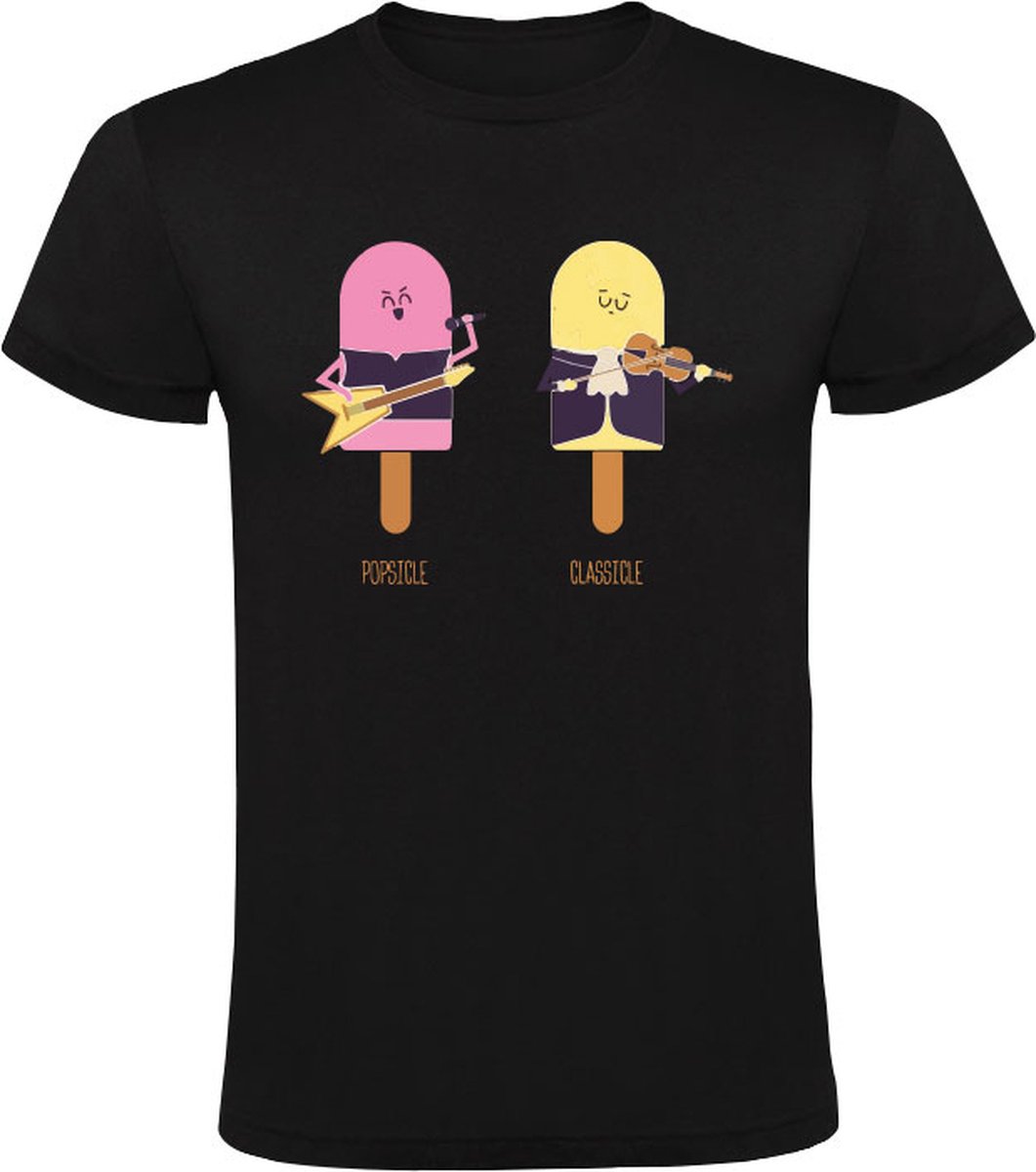 Popsicle Classicle Heren T-shirt - pop - klassiek - viool - guitar - rock - zang - microfoon - ijsje - muziek - popmuziek - klassieke muziek - shirt