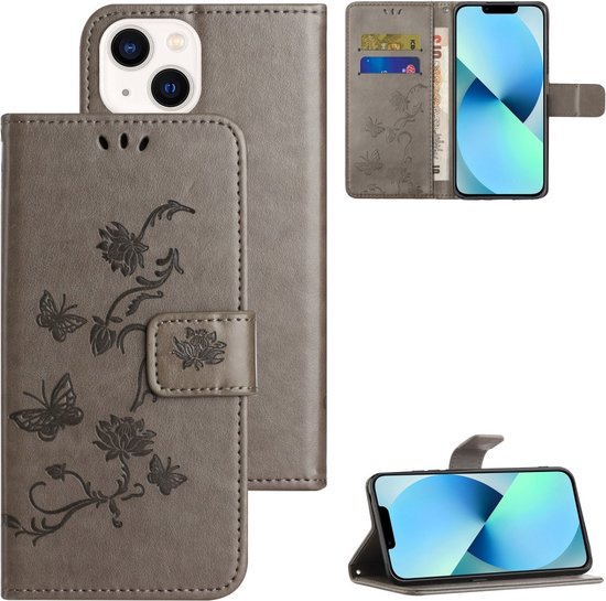 Coque iPhone 15 - Coverup Fleurs & Butterflies Book Case - Grijs