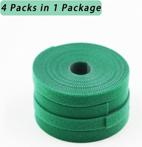 Een stapel van vier rollen groen klittenband, met tekst '4 Packs in 1 Package'.