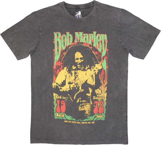 Grijze T-shirt met opdruk van Bob Marley, spelend op gitaar, met tekst 'Bob Marley And the Wailers World Tour 1978'.