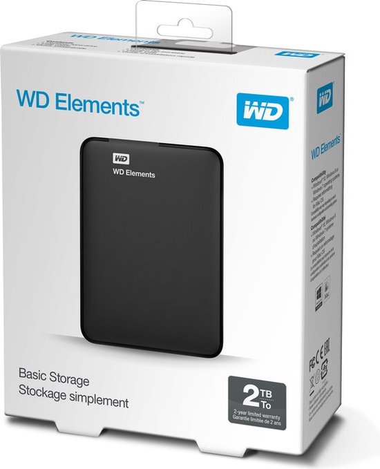 Verpakking van een zwarte WD Elements 2TB draagbare harde schijf.