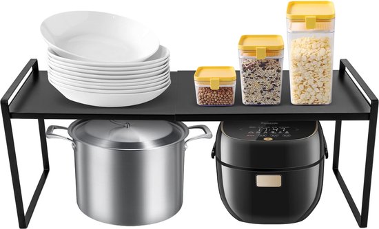 Bealive® Étagère de Cuisine - Organisateur d'étagères - Meuble de comptoir - Montant - Zwart - Métal - Extensible - Longueur réglable - 23 x 30-60 x 21 cm