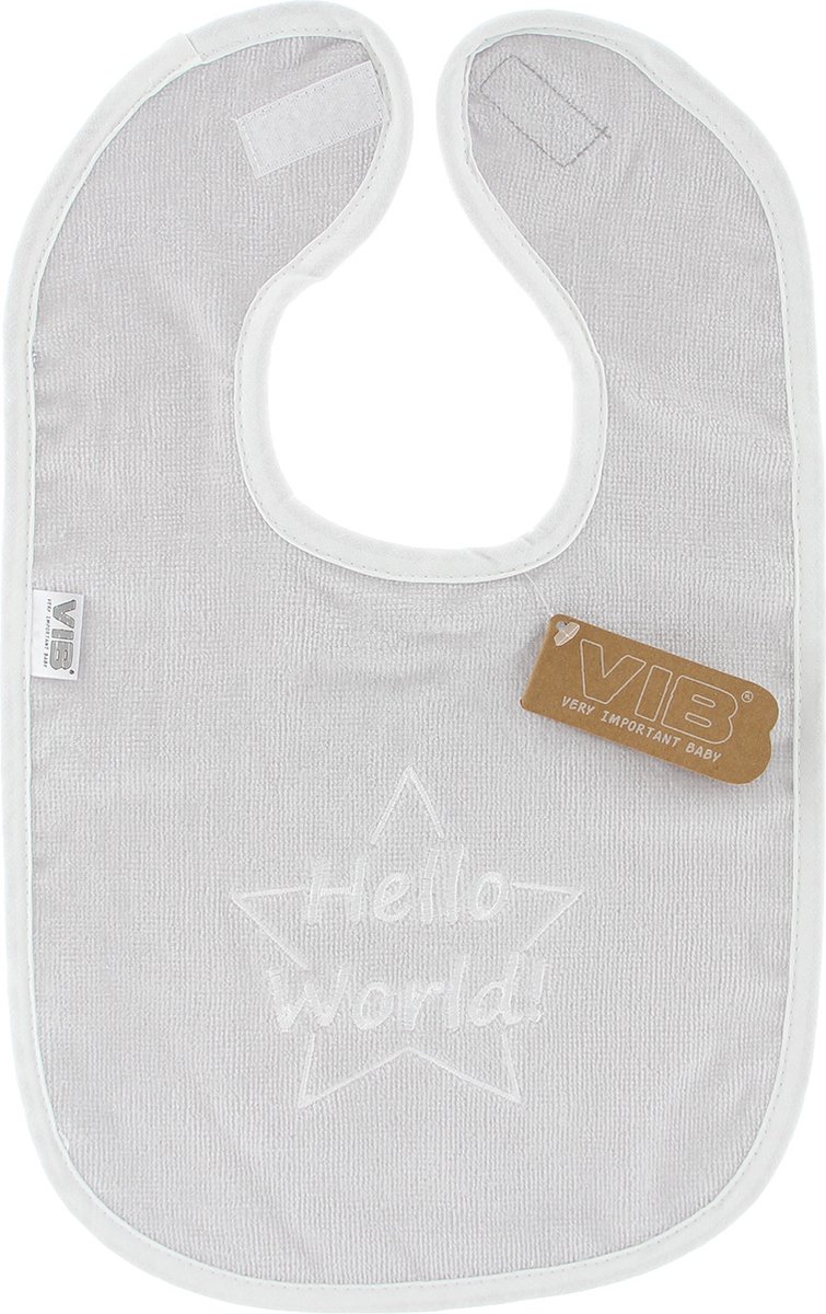 Goedkoopste VIB® - Slabbetje luxe velours - hello world grijs/ wit - 1 stuks - Babykleertjes - Slabbetjes - zwangerschap aankondiging - baby aankondiging