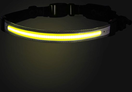Een zwarte heupband met een lange, heldergele LED-strip aan de voorkant.