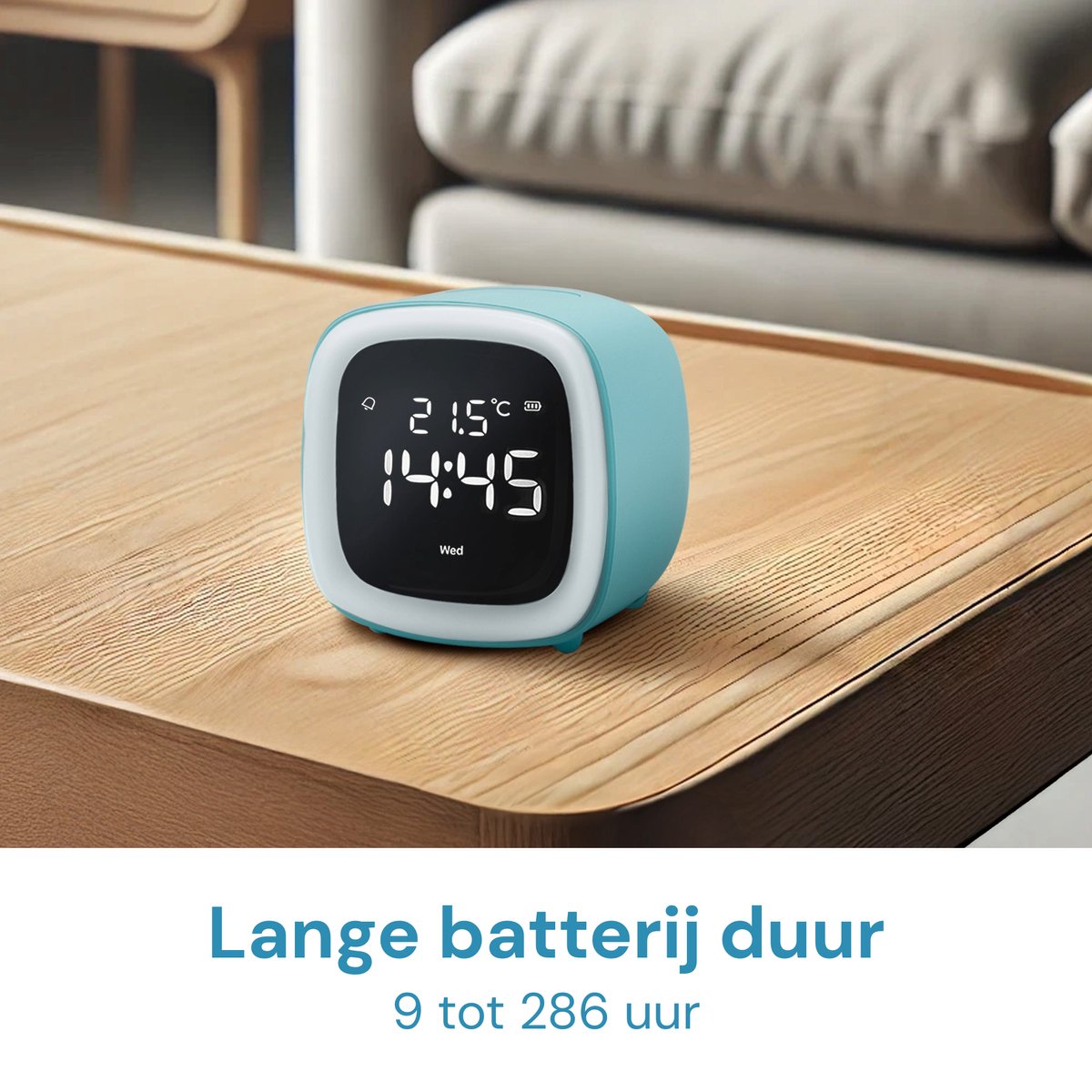 JustAnotherProduct AP18 - Oplaadbare digitale wekker met licht (3 standen) - Alarm klok met temperatuur (15.5°C tot 50°C) - 12/24h Alarm clock - Nachtlamp - Licht blauw — cadeau in Gadgets - foto 5