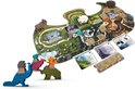 Everdell bord met gekleurde wezens, waaronder een blauwe dinosaurus met twee passagiers.