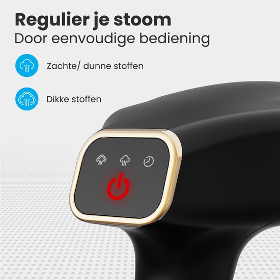 Close-up van het bedieningspaneel met de rode aan/uit-knop op de zwarte kledingstomer. Indicatie voor zachte en dikke stoffen.