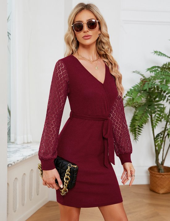 Damesjurk V-hals kanten mouwen elegante feestelijke tuniekjurk met lange mouwen Wijn rood S