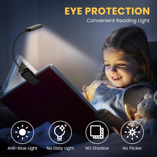 Anti-Blauw Oogbescherming Boek Licht - 10 LEDs, 3 Kleuren Verlichting, Instelbare Helderheid, USB Oplaadbaar Mini Clip Leeslampje van Merkloos — afbeelding 4