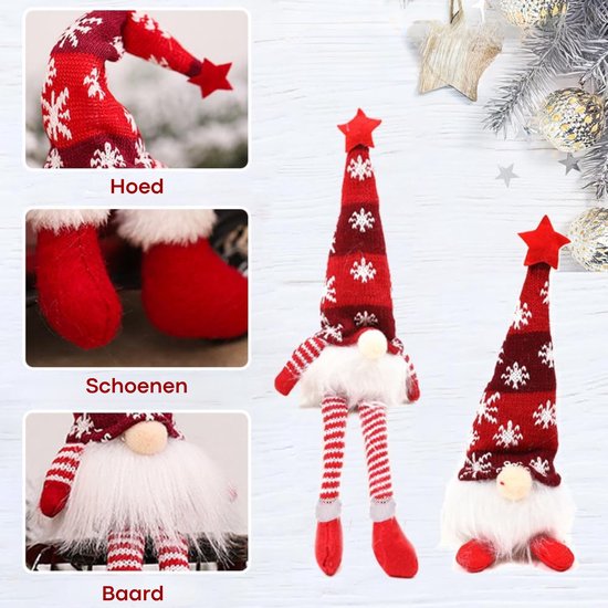 Gnome de Noël rouge avec étoile de Noël, jambes rayées rouge et blanc, et barbe blanche. Gros plan sur le chapeau, les chaussures et la barbe.