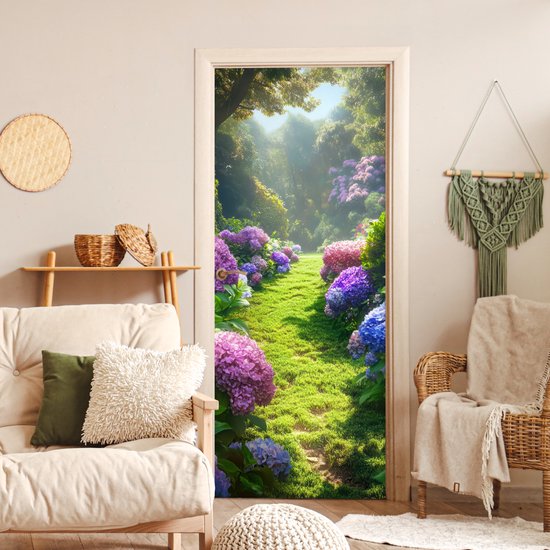 Deurposter 80x205 cm - Deursticker Natuur - Hortensia - Bloemen - Groen - Meubelfolie zelfklevend - Deurfolie woonkamer - Interieurfolie fotobehang - Deur plakfolie - Deurstickers - Deurbehang sticker - Kamer decoratie