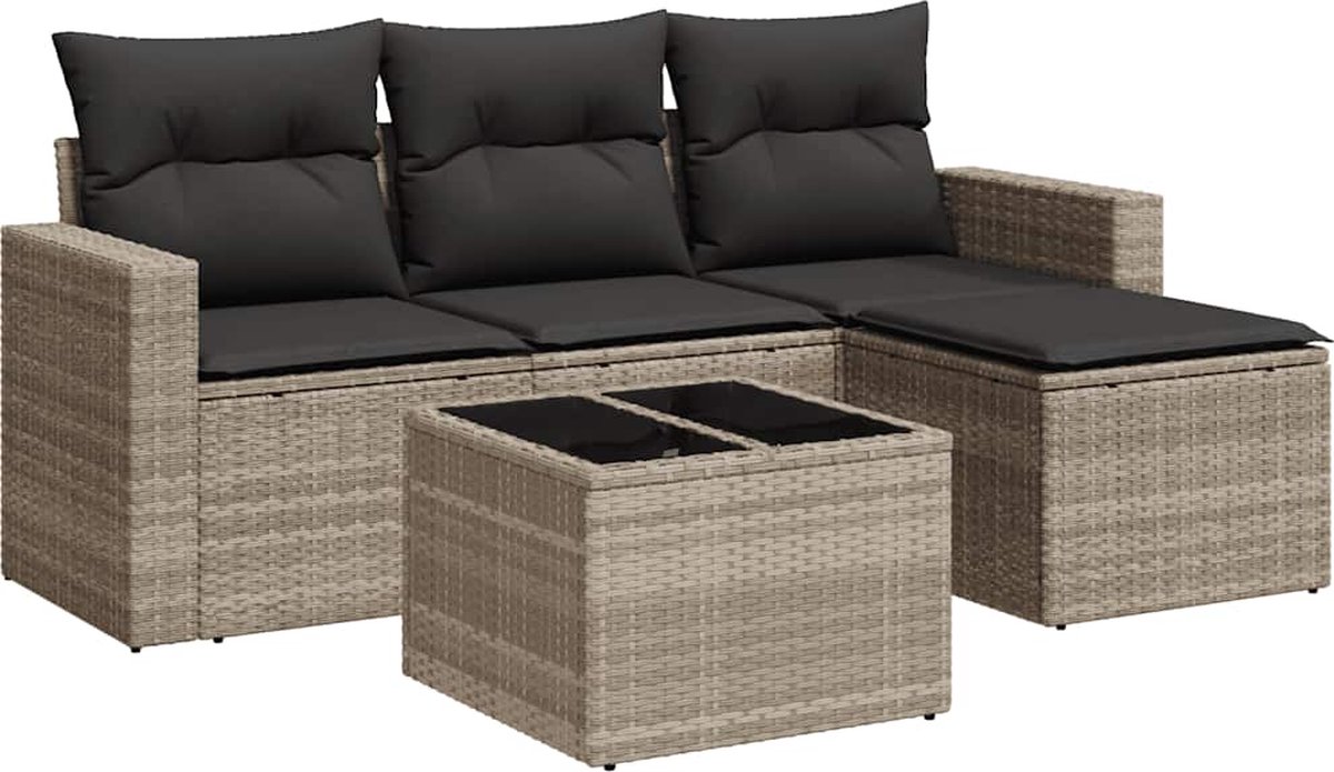 vidaXL 5-delige - Loungeset - met - kussens - poly - rattan - lichtgrijs