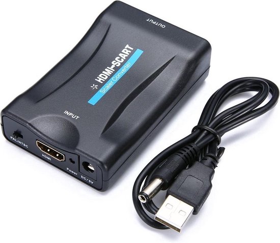 Zwarte HDMI-naar-SCART Scaler Converter met INPUT en OUTPUT labels, inclusief een USB-voedingskabel.