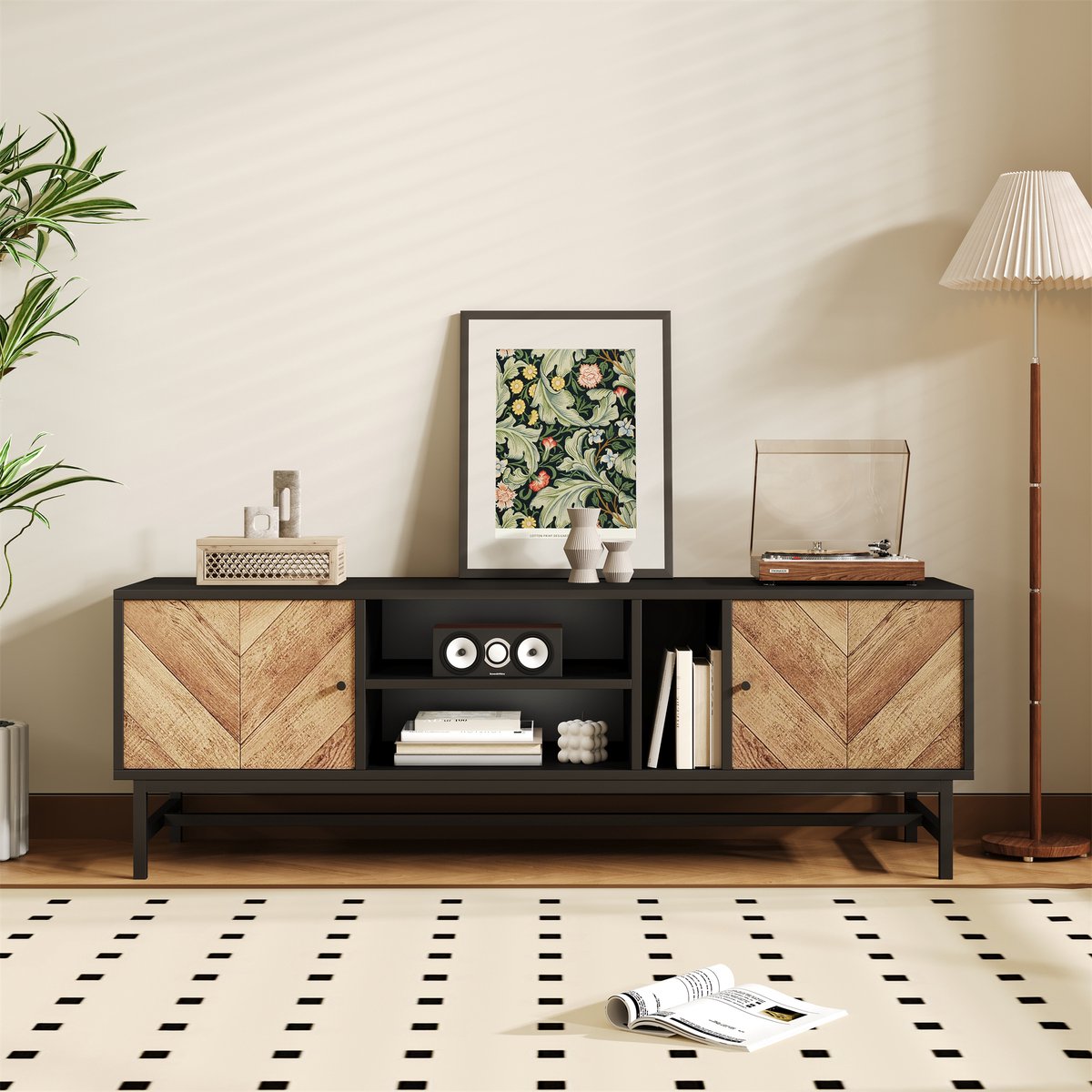 Gutent Tv-meubel met multifunctionele opbergruimte in contrasterend Zwart en houtdesign