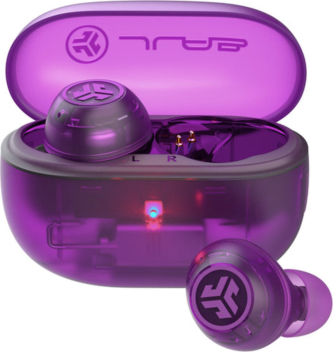 JLab Go POP ANC Draadloze Oordopjes - Noise Cancelling Oortjes - Bluetooth Multipoint - 24 uur Batterijduur - Met Microfoon - Draadloos - Geschikt voor Android en Apple - Clear Purple