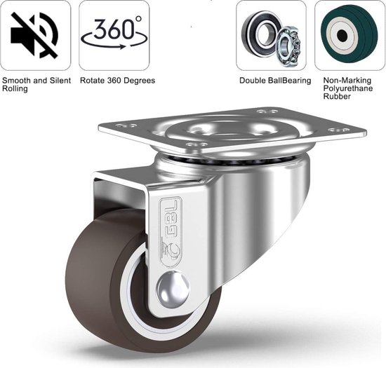 Resszo 4 stuks meubelwielen 25 mm, zware wielen met 120 kg draagvermogen, wielen voor meubels met rem, kleine zwenkwielen voor tafel/kast 20 montageschroeven