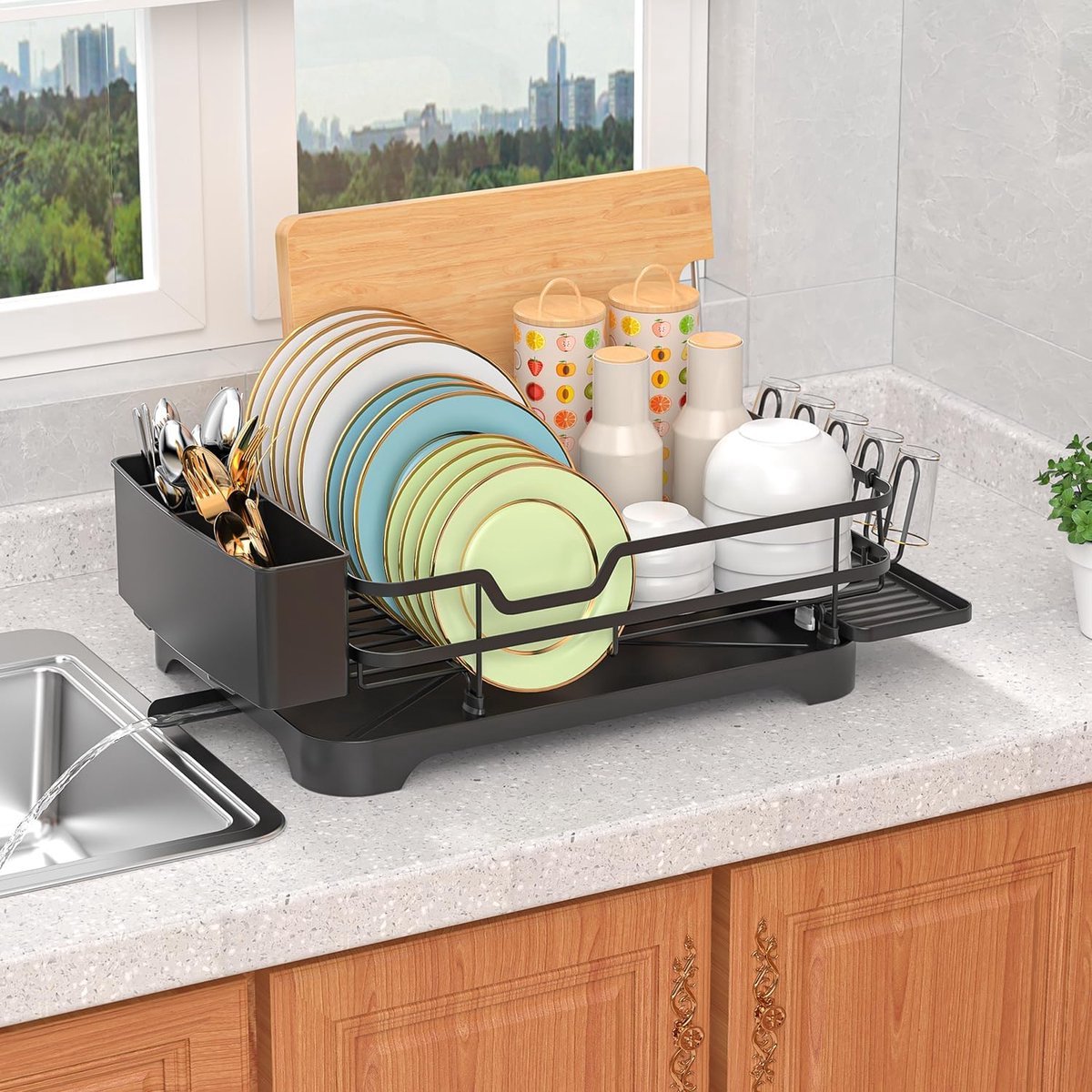 Goedkoopste Afdruiprek van roestvrij staal, enkellaags afdruiprek, met lekbak en spiraalmondstuk, afdruiprek met afneembare bestekhouder